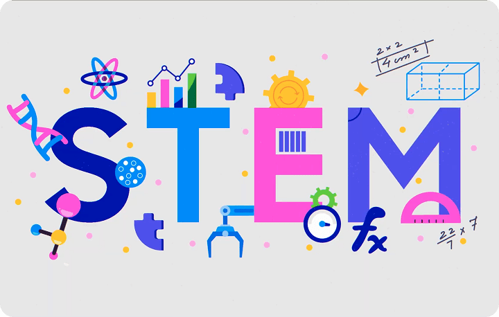 STEM is centered with various technical terms and symbols around a typo of the acronym.
