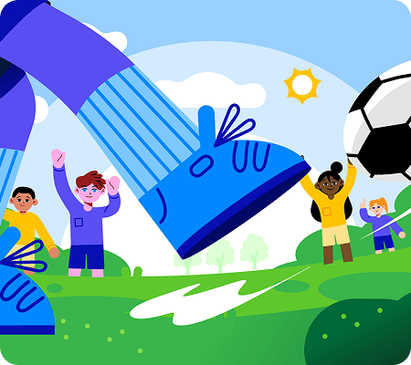 A child kicks a soccer ball while friends cheer behind them.